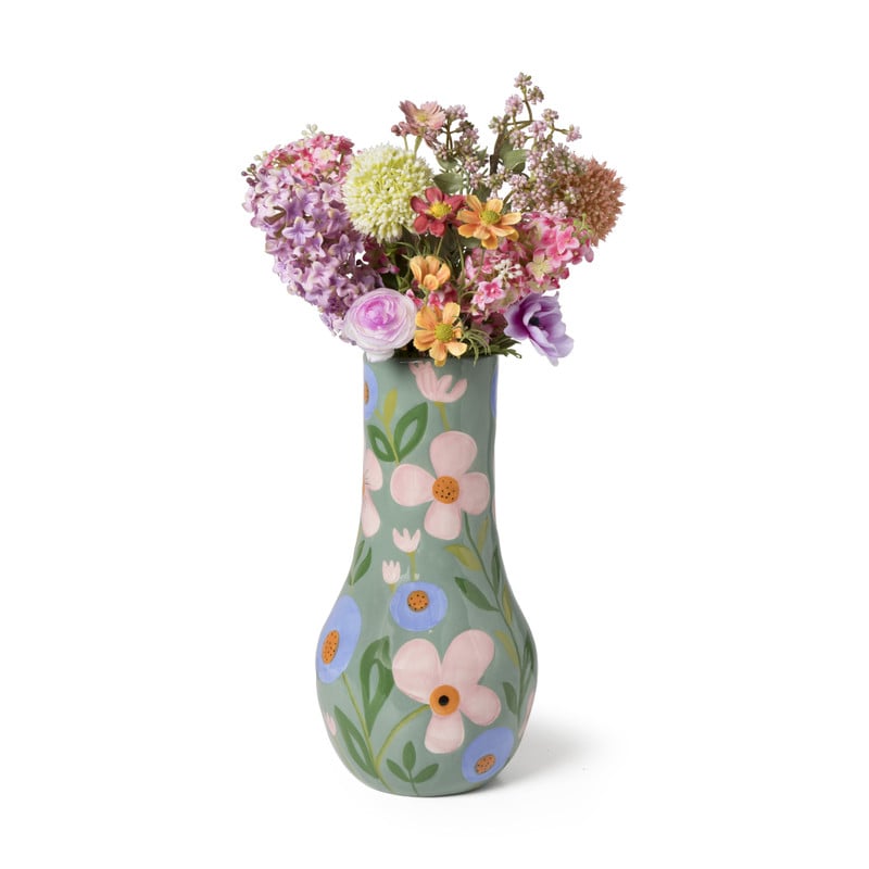 Vaas bloemen - groen/blauw/roze - ø17.2x34 cm