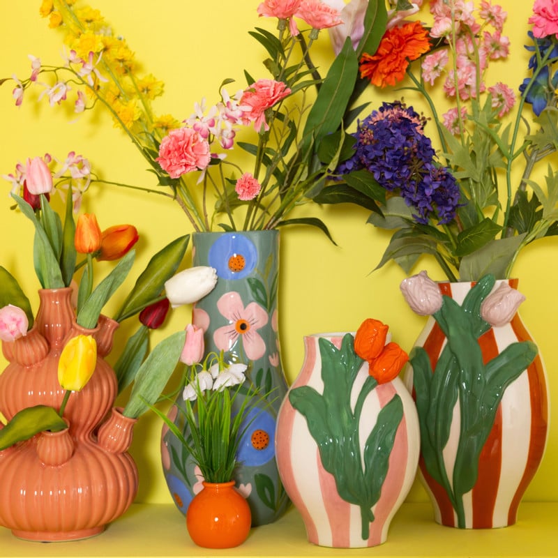 Vaas bloemen - groen/blauw/roze - ø17.2x34 cm
