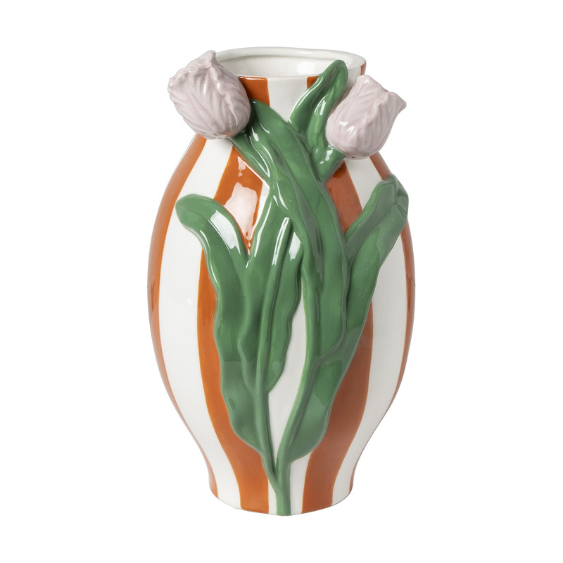 Vaas gestreept met tulp - oranje/groen/roze - ø15.6x28.5 cm