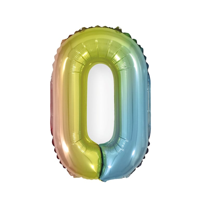 Folieballon - cijfer 0 - regenboog metallic - 30 cm