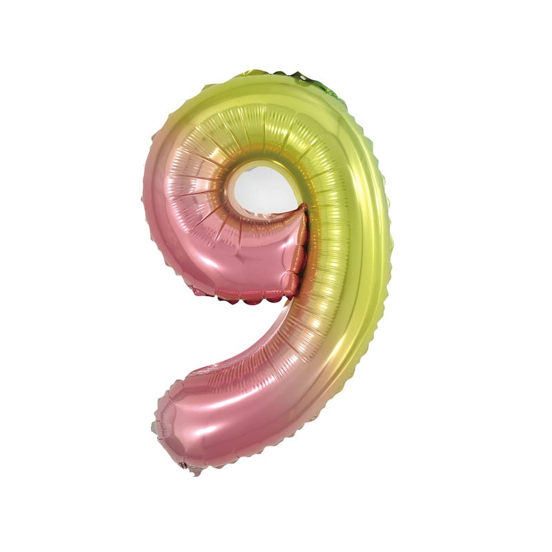 Folieballon - cijfer 9 - regenboog metallic - 30 cm