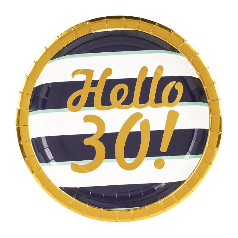 Bordjes Hello 30! - blauw/goud/wit - set van 8