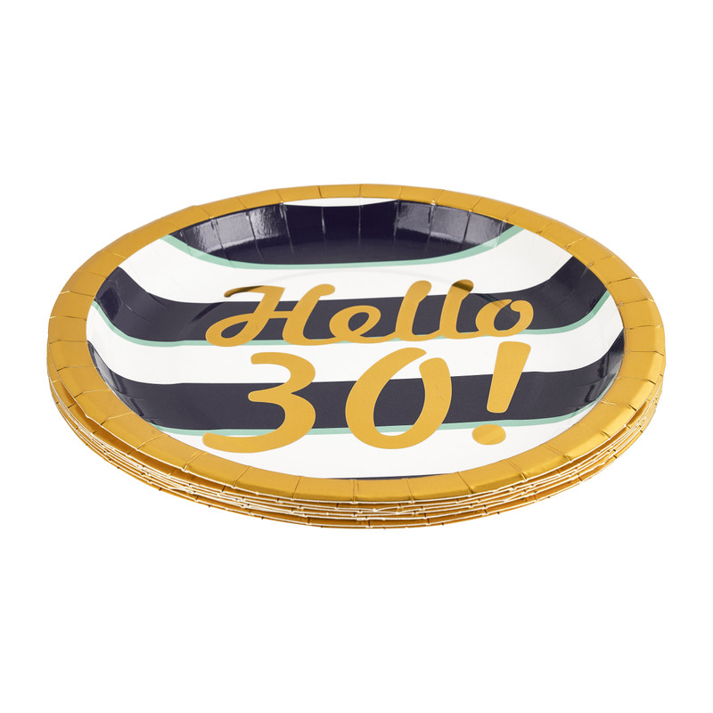 Bordjes Hello 30! - blauw/goud/wit - set van 8