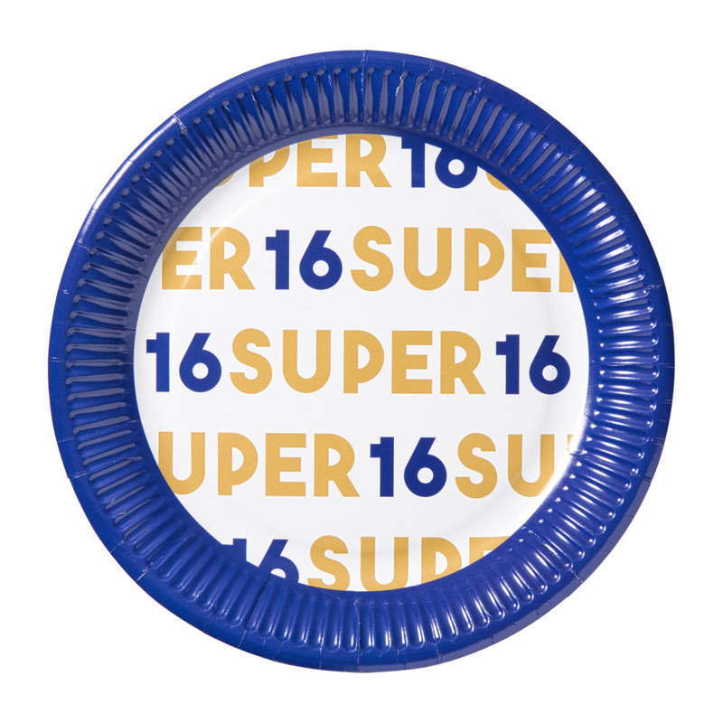 Papieren bordjes 16 jaar - blauw - set van 8