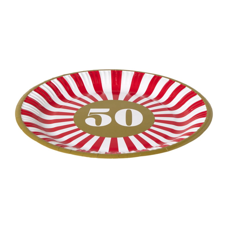 Papieren bordjes 50 jaar - rood - set van 8