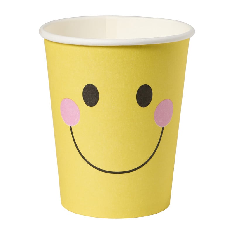 Papieren bekers smiley - geel - set van 8 