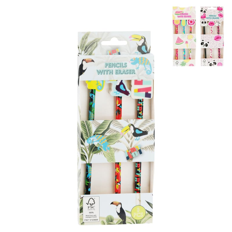 Potlood met gum - set van 3 - diverse varianten
