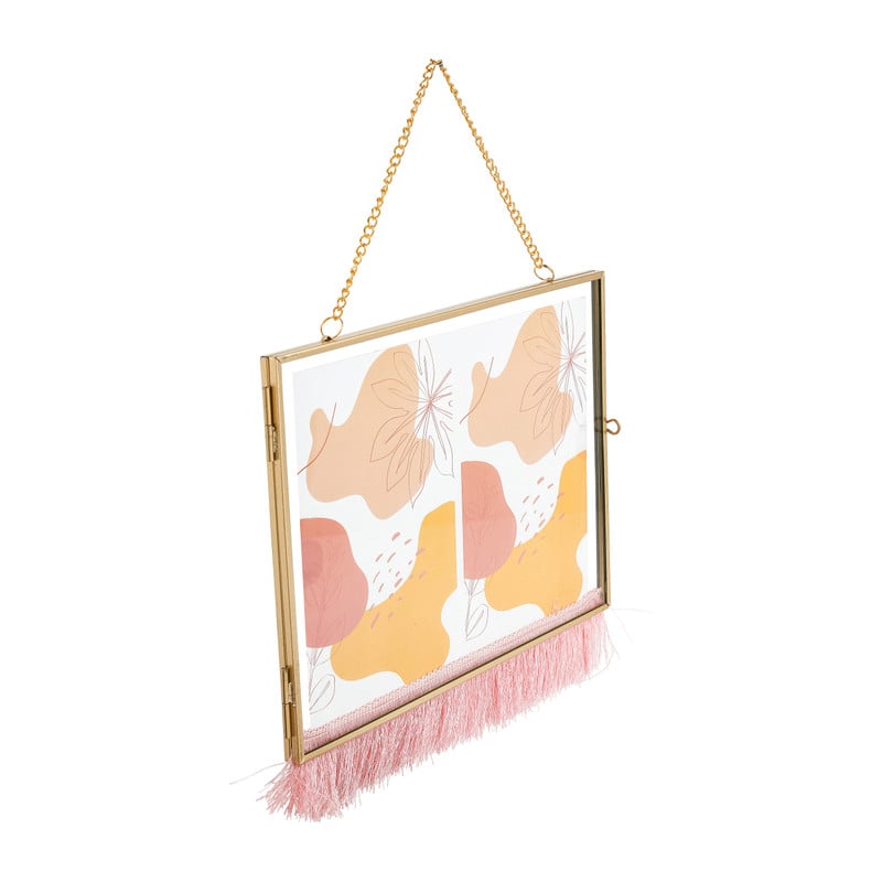 Dubbele fotolijst aan ketting met franje - 10x15 cm - goud/roze