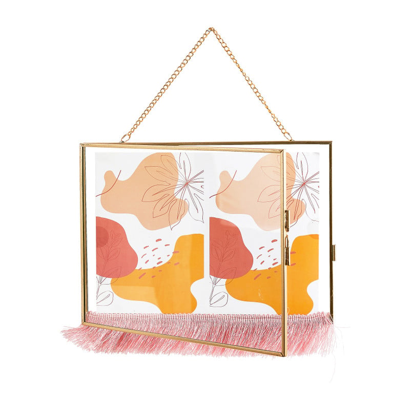 Dubbele fotolijst aan ketting met franje - 10x15 cm - goud/roze