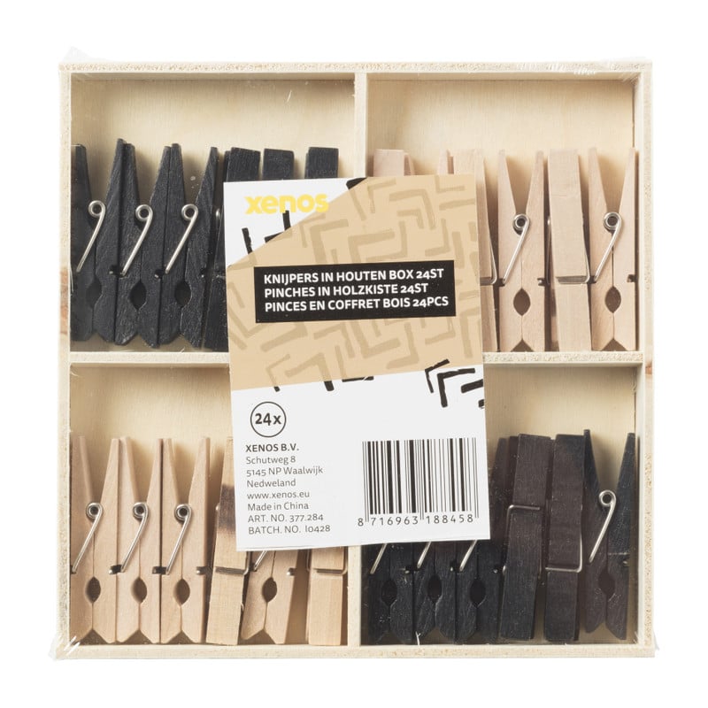 Knijpers in houten box - naturel/zwart - 13x13x1.5 cm
