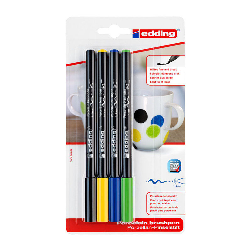 Edding porseleinstiften - set van 4 - zwart/geel/blauw/groen