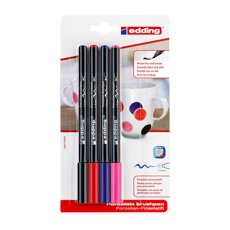 Edding porseleinstiften - set van 4 - zwart/rood/paars/roze
