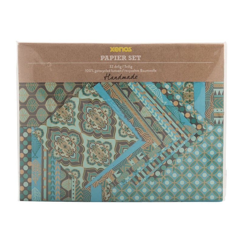 Papierset handmade India - groen/blauw - 32-delig