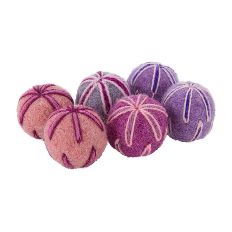 Vilt balletjes gedecoreerd - roze/paars - set van 6