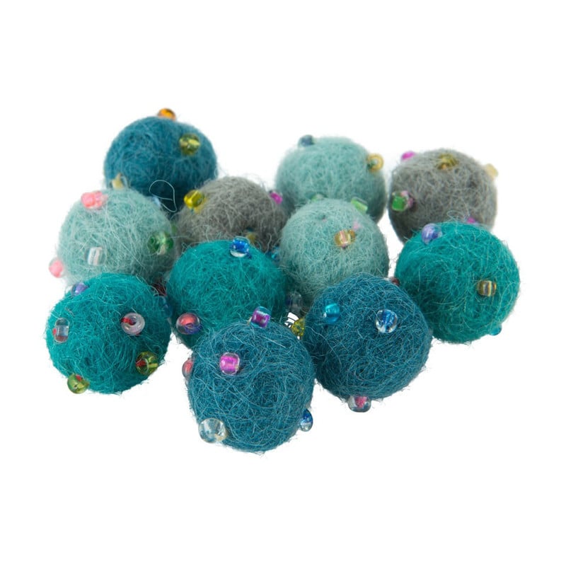 Vilt balletjes met kralen - blauw/grijs - set van 12