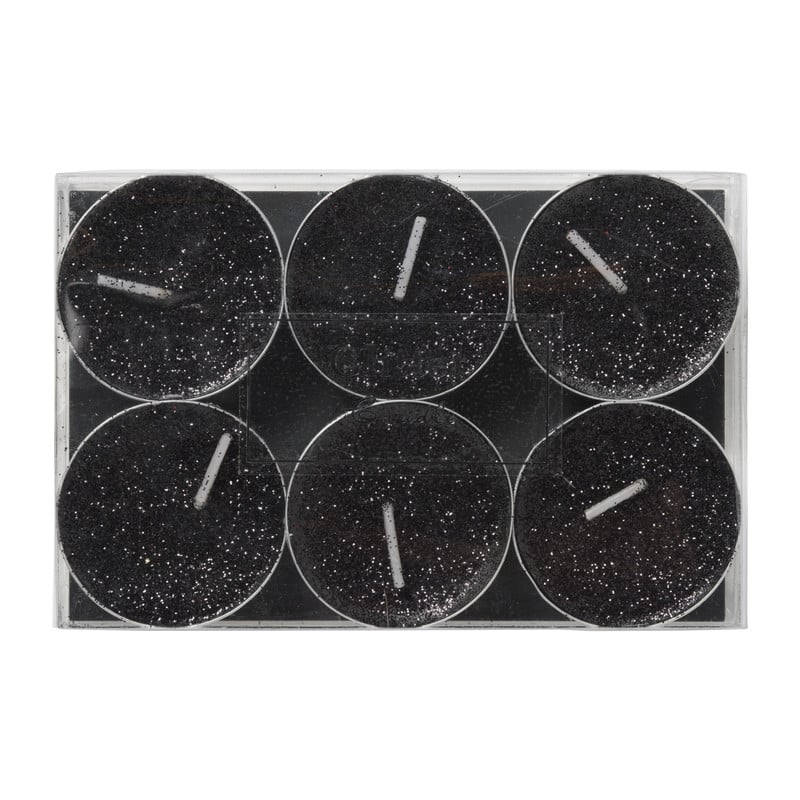 Theelichten met glitter - zwart - set van 6