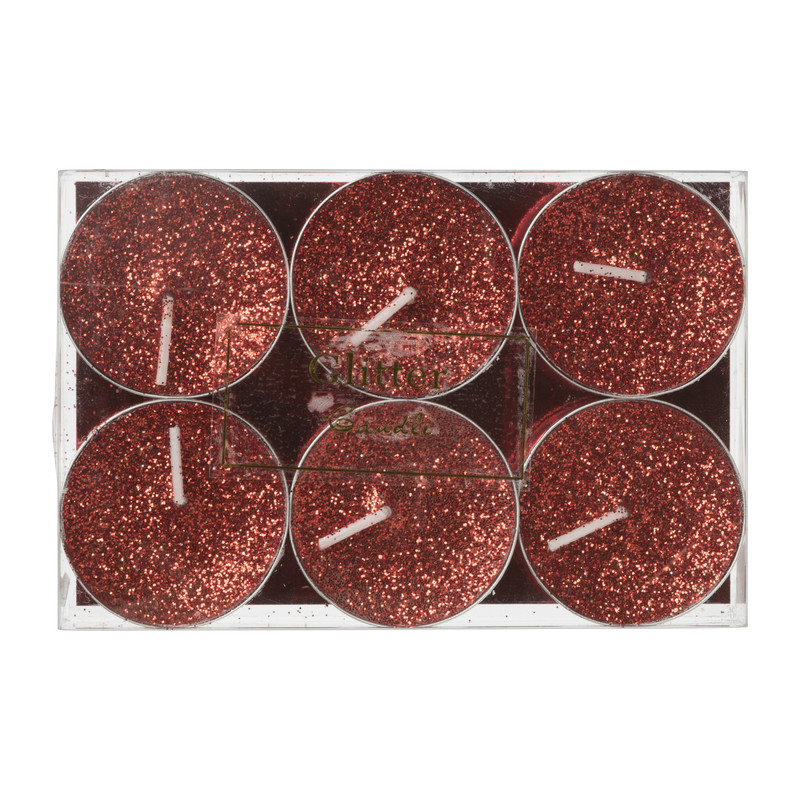 Theelichten glitter - rood - set van 6