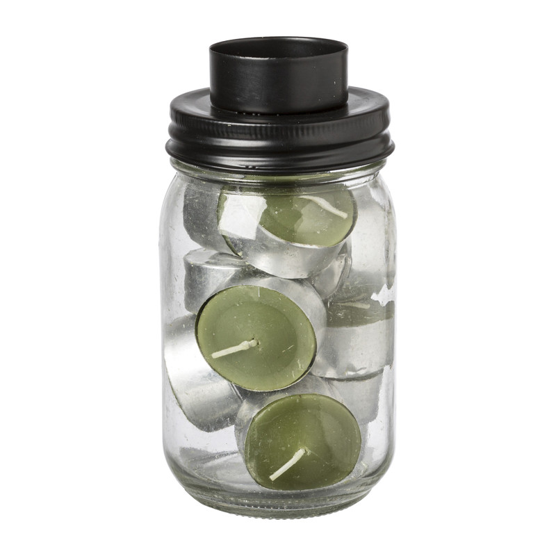 Theelichthouder jar - groen - ø7.8x15 cm