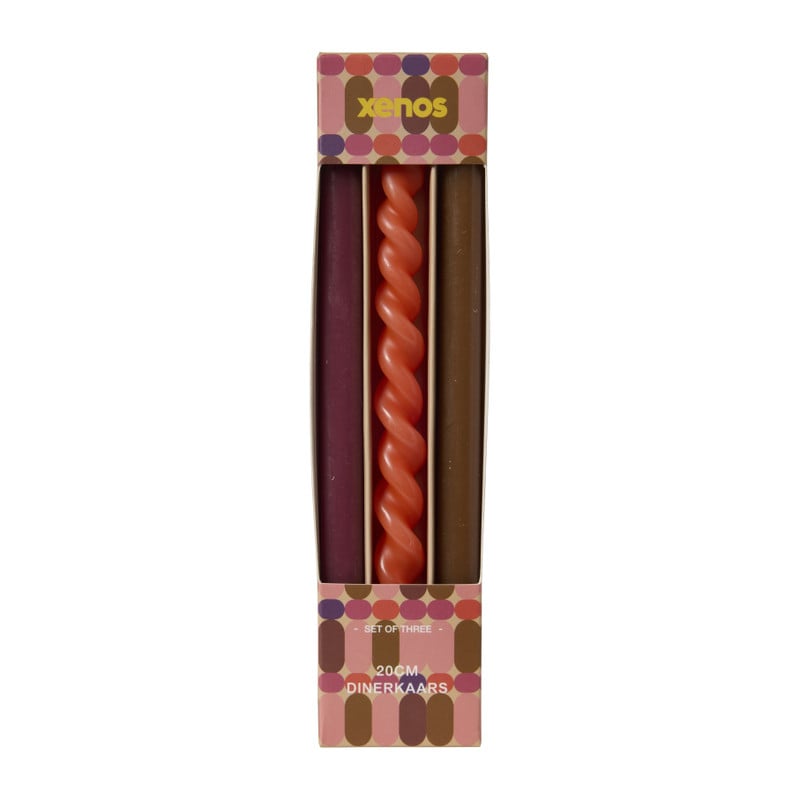 Smalle dinerkaarsjes - paars/oranje/bruin - ø1.3x20 cm - set van 3 