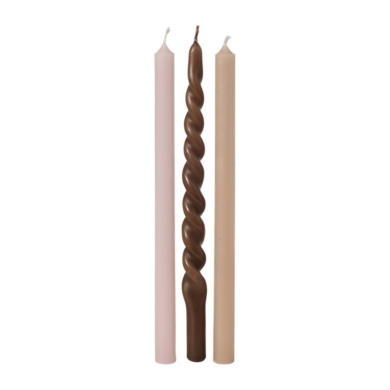 Smalle dinerkaarsjes - bruin/beige/roze - ø1.3x20 cm - set van 3 