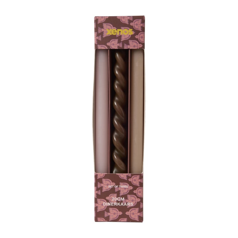Smalle dinerkaarsjes - bruin/beige/roze - ø1.3x20 cm - set van 3 