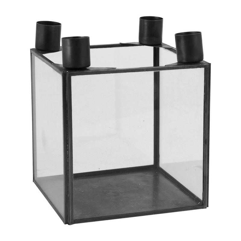 Kandelaar - voor 4 dinerkaarsen - zwart - 13x13x15 cm.