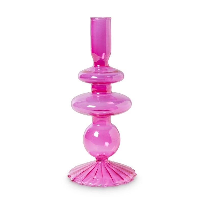 Glazen kandelaar rib - roze - ø9x20 cm 
