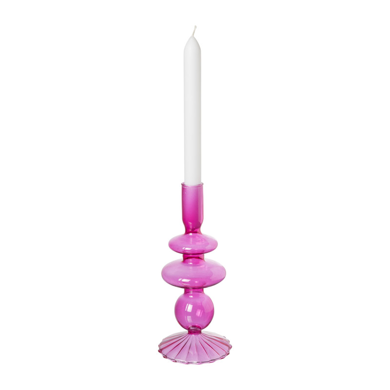 Glazen kandelaar rib - roze - ø9x20 cm 