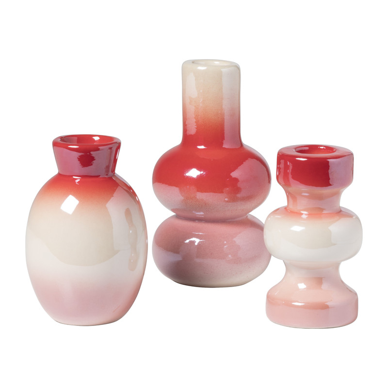 Kandelaar glazed 3 laags - rood/roze - ø5.5x9.7 cm