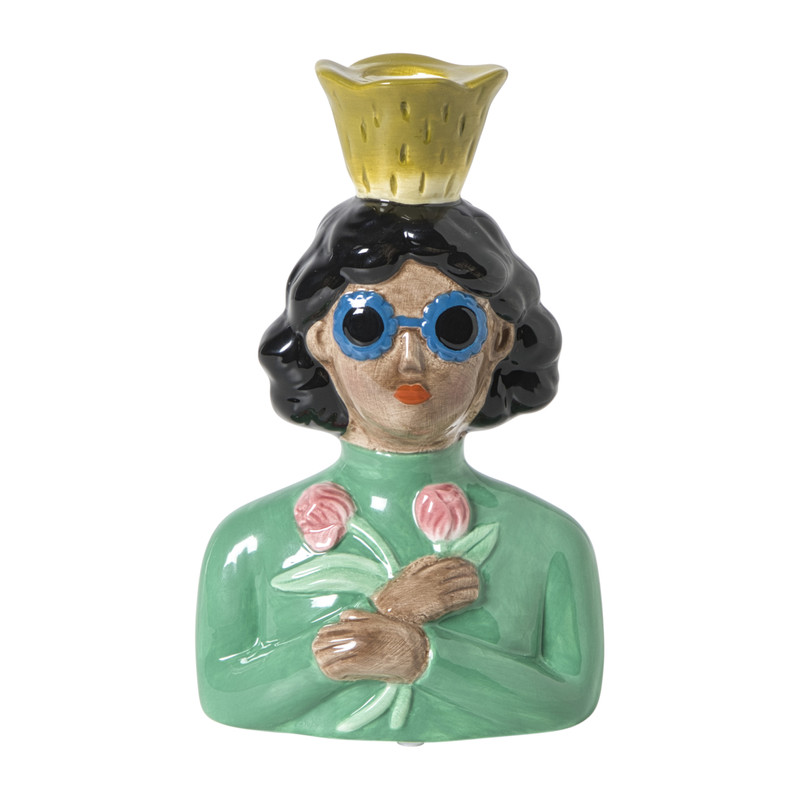 Kandelaar vrouw met bloemen - groen - 19.5x13x9 cm