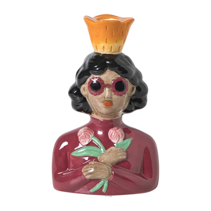 Kandelaar vrouw met bloemen - roze - 19.5x13x9 cm