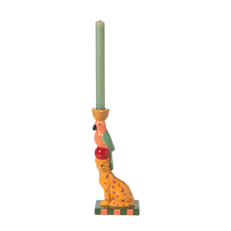 Kandelaar luipaard en vogel - multikleur - 25.8 cm