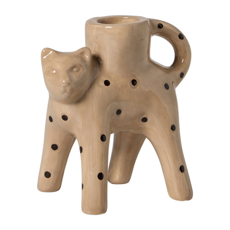Kandelaar tijgerkat stippen - wit/zwart - 10x9x4.5 cm