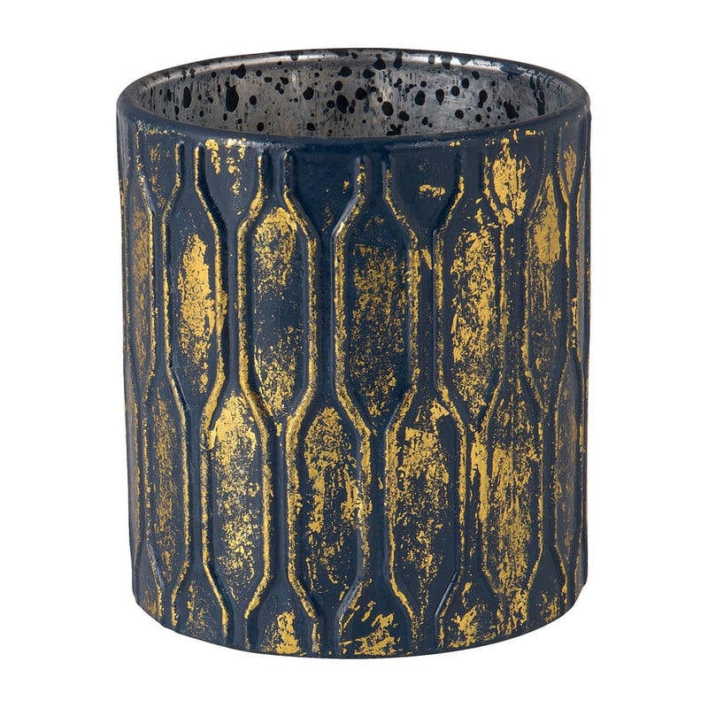 Theelichthouder - blauw/goud - 8x9 cm