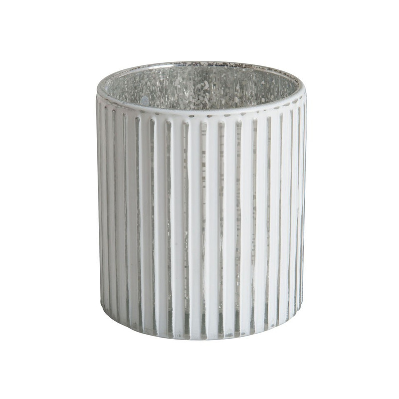 Theelichthouder streep - wit/zilver - 9x8 cm 