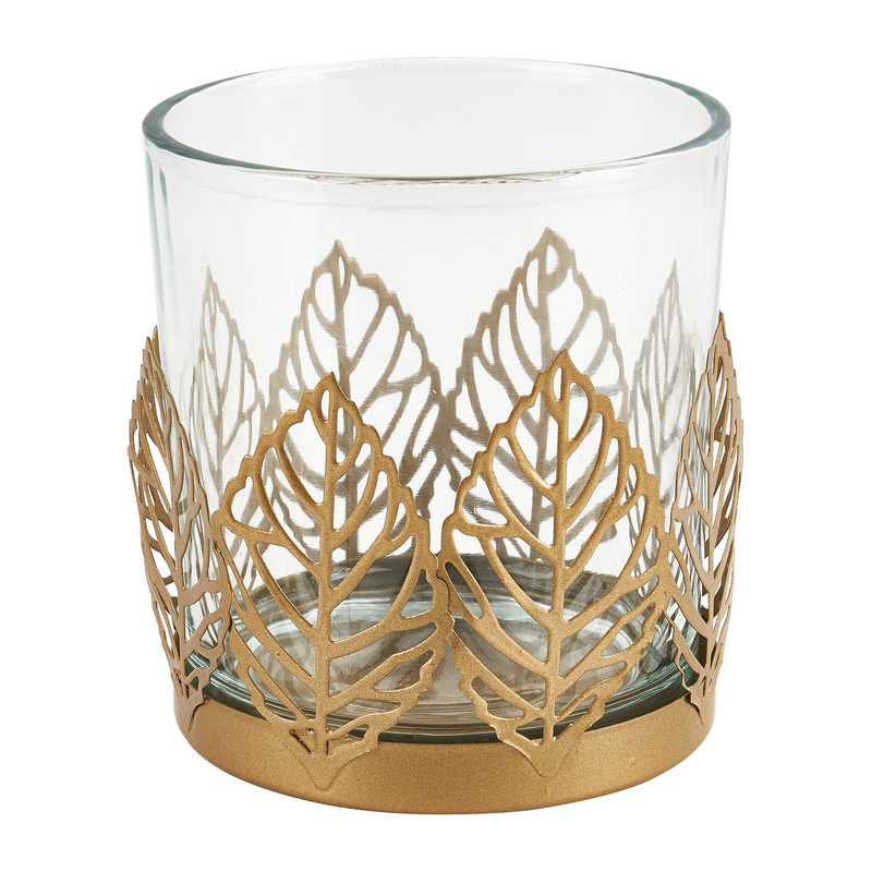 Theelichthouder blad - goud - ø8x9 cm 