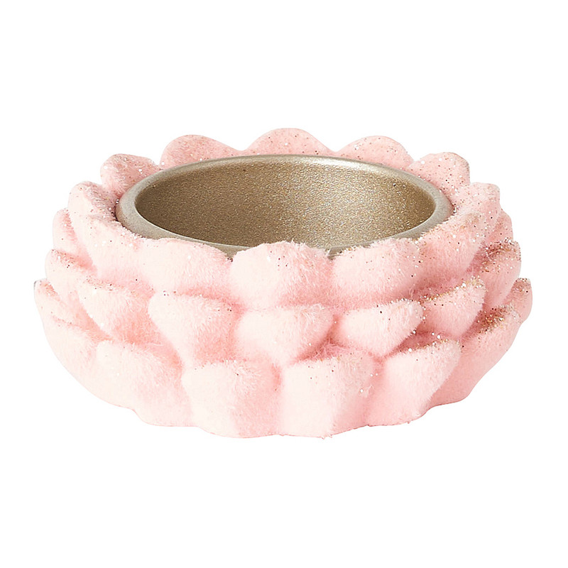 Theelichthouder bloem flock - roze - 7x7x2,8 cm