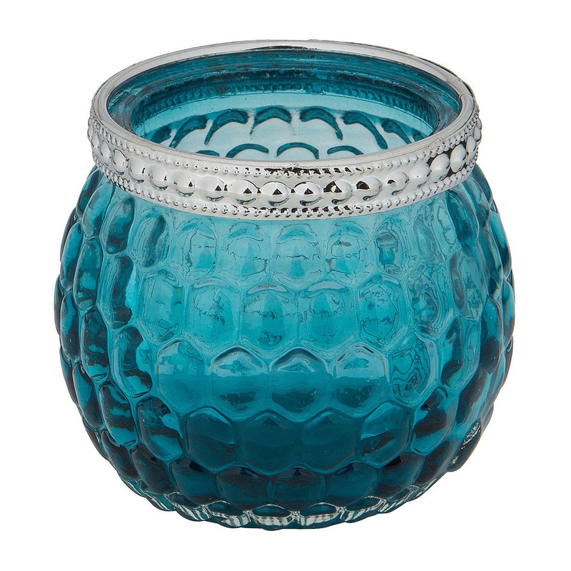 Theelichthouder met zilveren rand - blauw - 6,5x6,5 cm