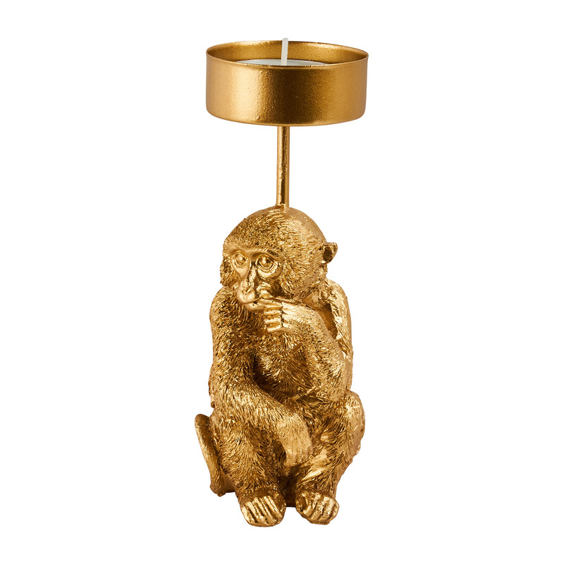 Theelichthouder aap - goud - 6.5x5.5x14.3 cm
