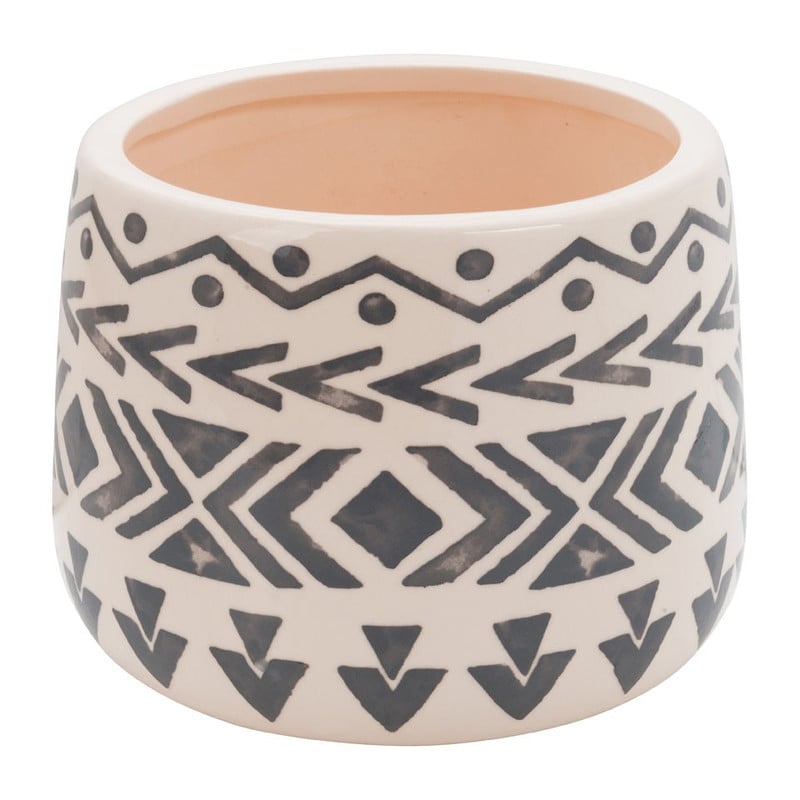 Keramieke pot etnisch - 18x13 cm - wit/grijs