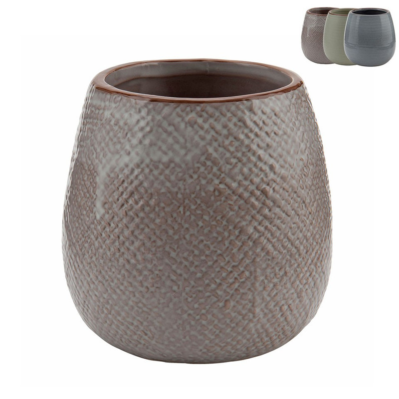Pot keramiek reliëf - 10x10 cm - groen/taupe/grijs