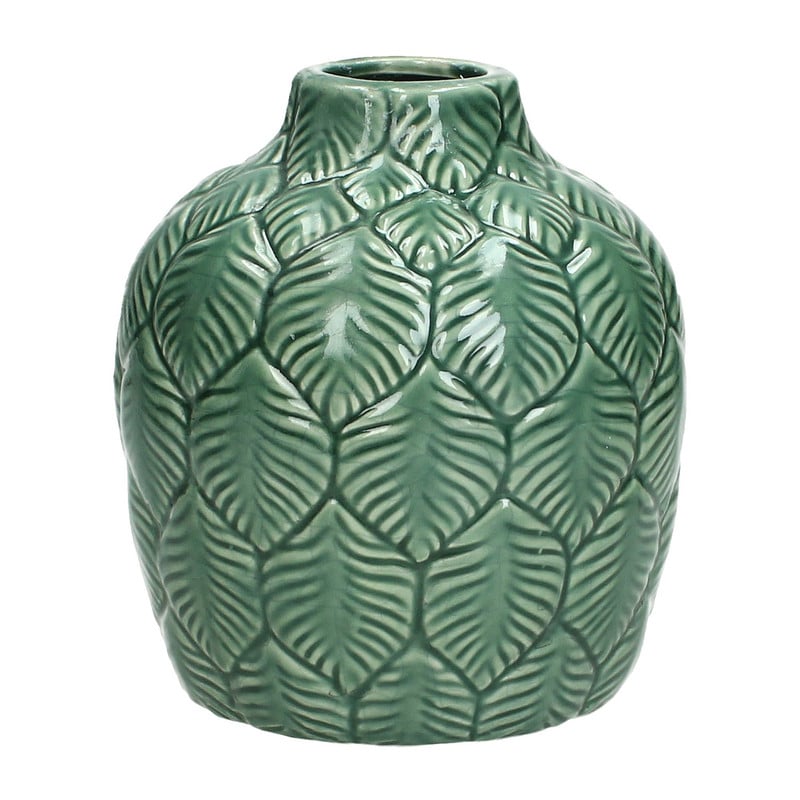 Vaas met bladeren reliëf - groen - 13,5 cm 