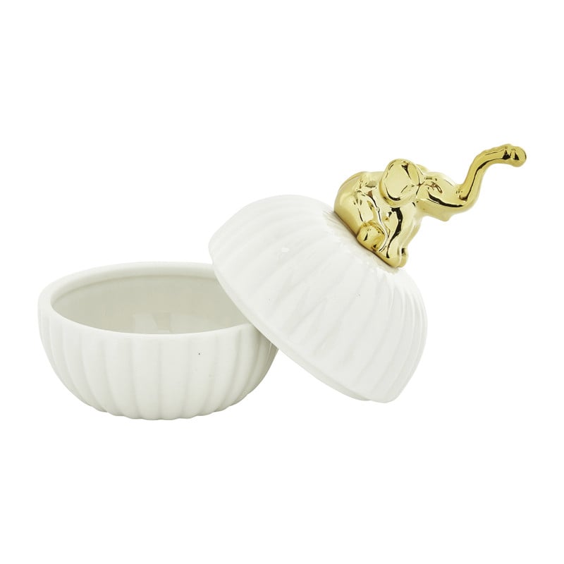 Sieradenpotje olifant - wit/goud - Ø8xH10 cm