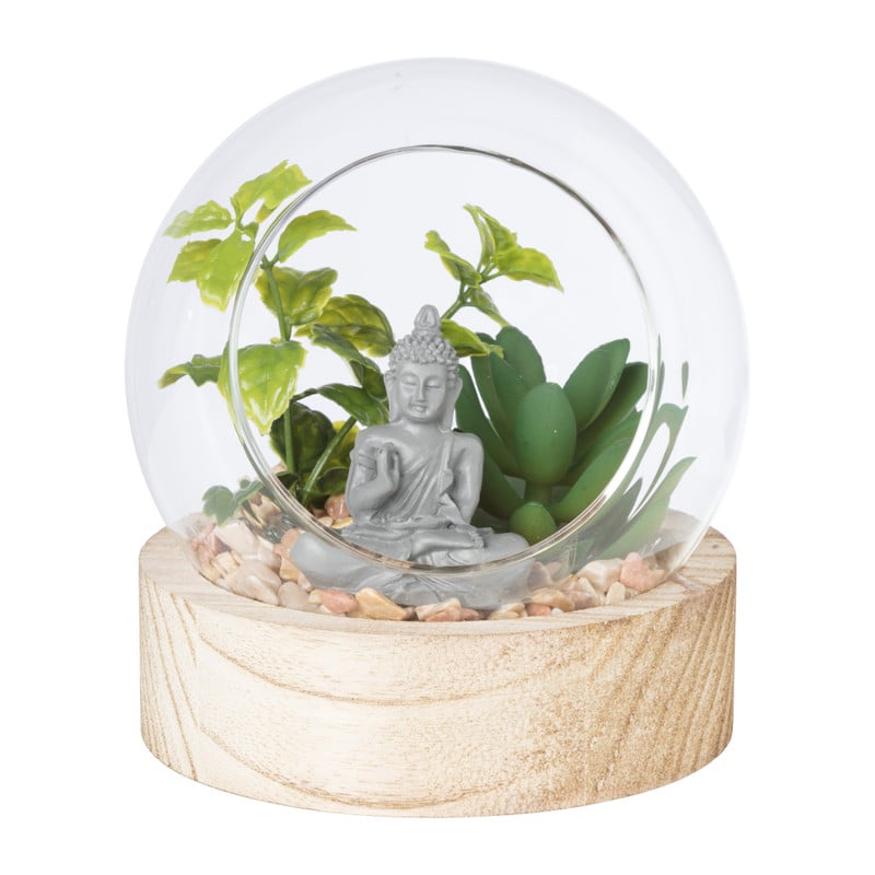 Kunstplant en boeddha in glazen bol  - diverse varianten - ø13x14.5 cm 