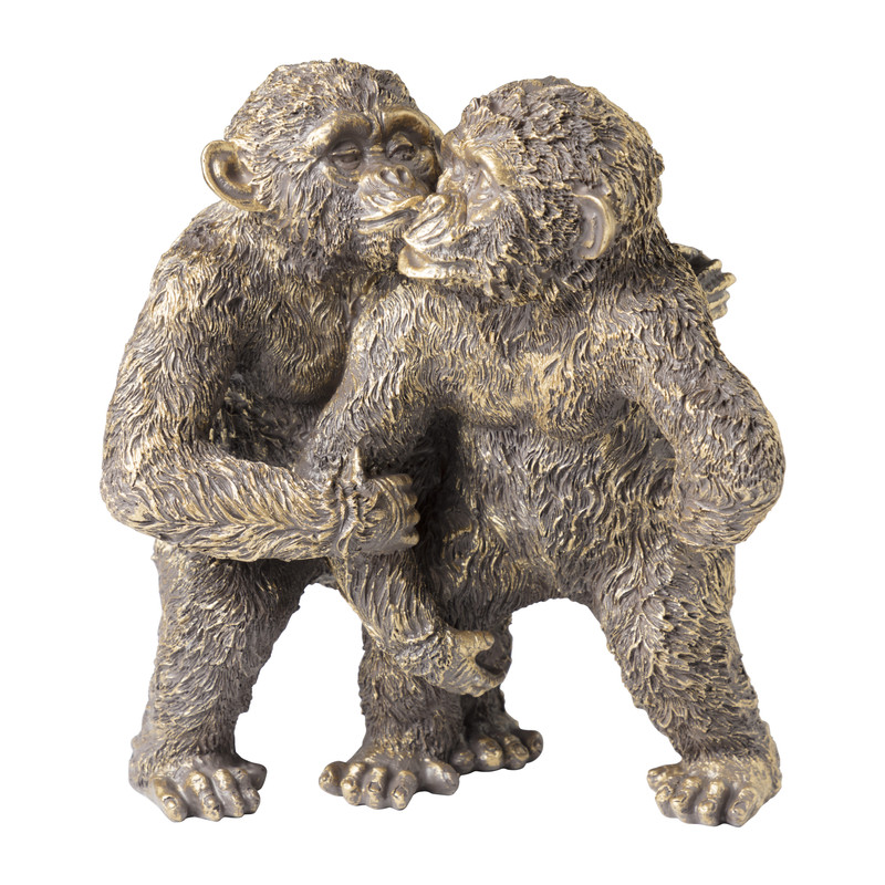 Beeldje knuffelende apen - goud - 18x14x21 cm