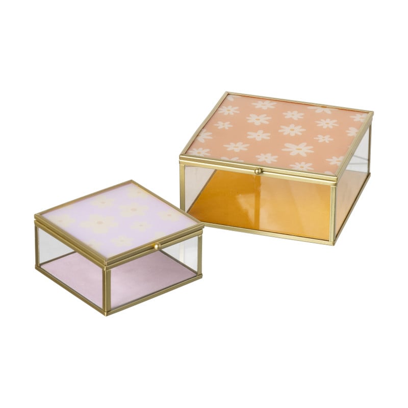 Glazen box bloemen klein - goud/oranje - 5x10x10 cm