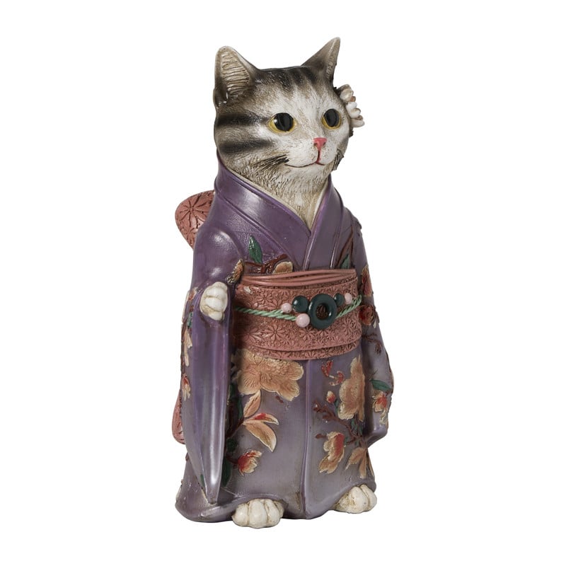 Beeldje kat in kimono - paars - 22x11x9 cm