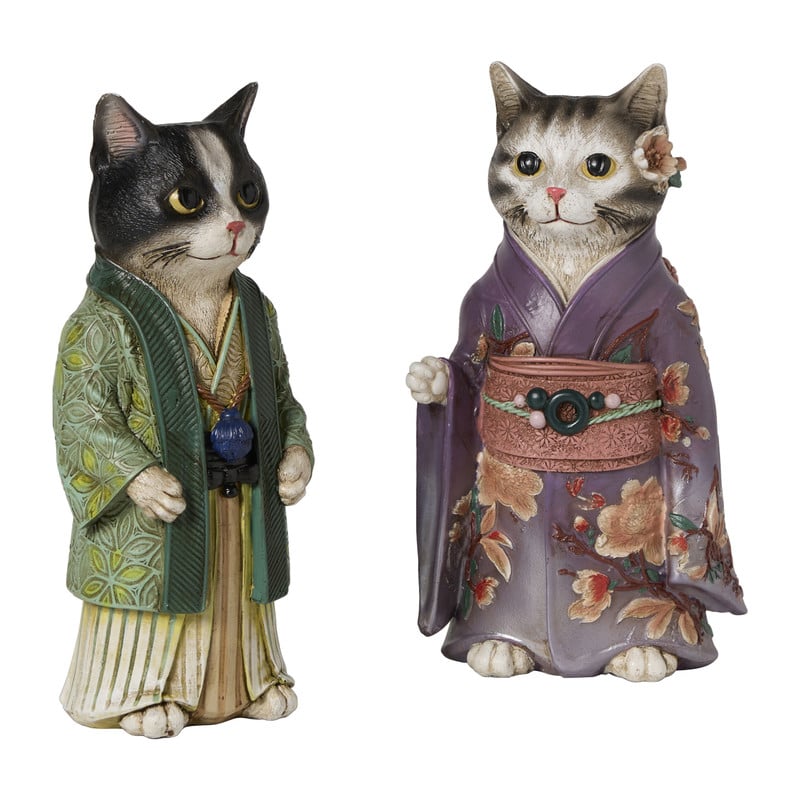 Beeldje kat in kimono - groen - 22x11x9 cm