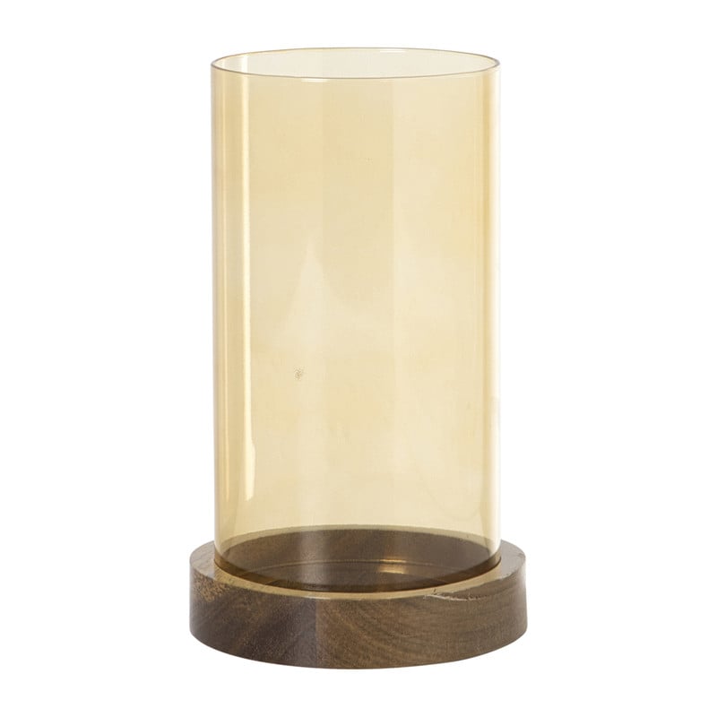 Windlicht glas en hout klein - beige/bruin - ø10x20 cm