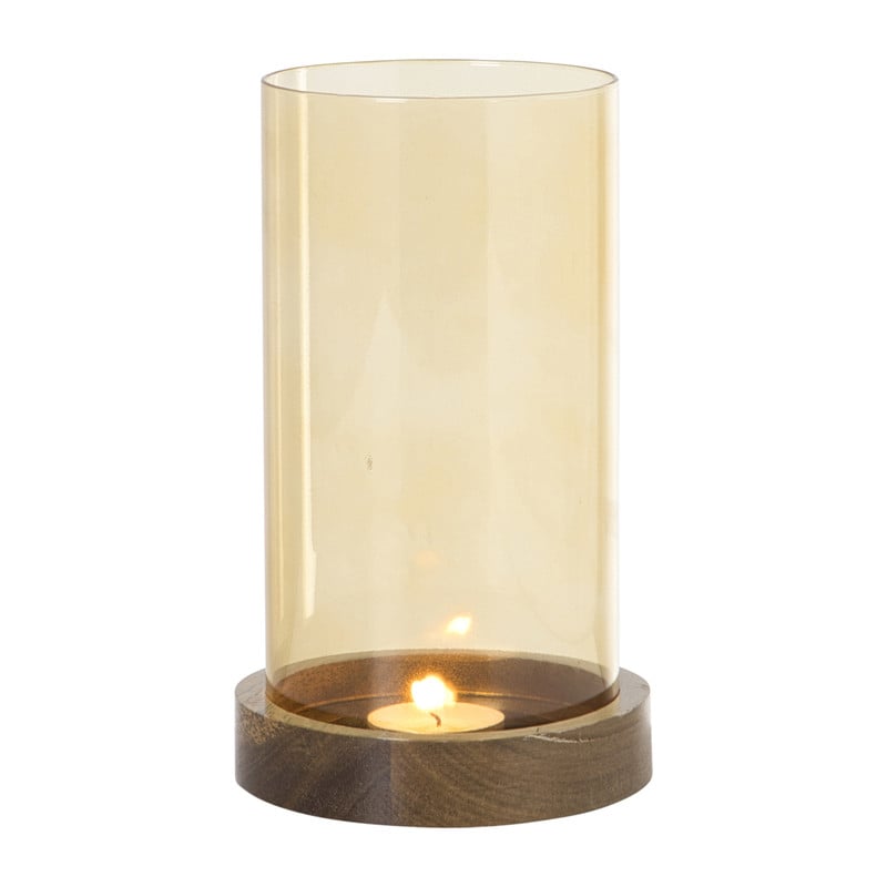 Windlicht glas en hout klein - beige/bruin - ø10x20 cm